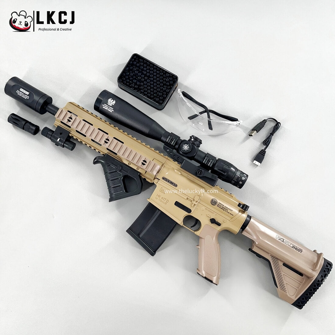 Exquisite Engraving HK417 Gel Blaster High Rate of Fire  Smooth Shooting With 7 Colors of Lighted Silencer