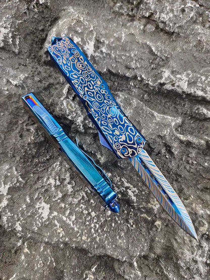 Blue Titanium Shark Tooth Dragon Straight Jump Knife