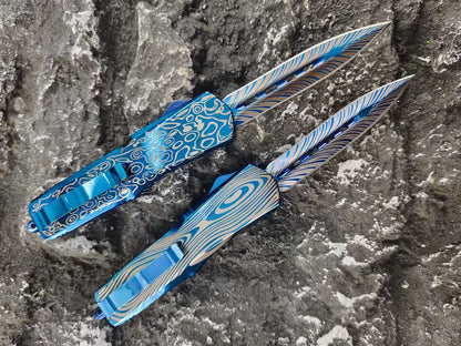 Blue Titanium Shark Tooth Dragon Straight Jump Knife
