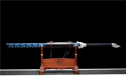Handmade Silver Moon Wolf King High Manganese Steel Chinese Sword With Baked Blue Blade